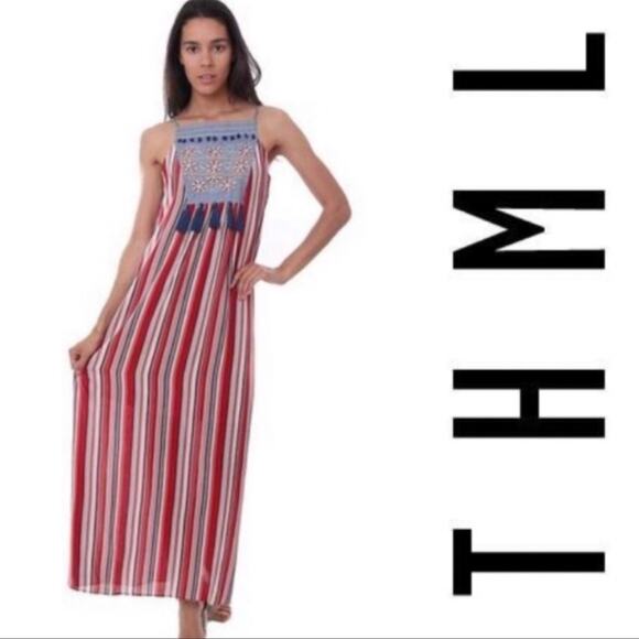 THML Embroidered Striped Maxi Dress Sz M - Picture 3 of 15